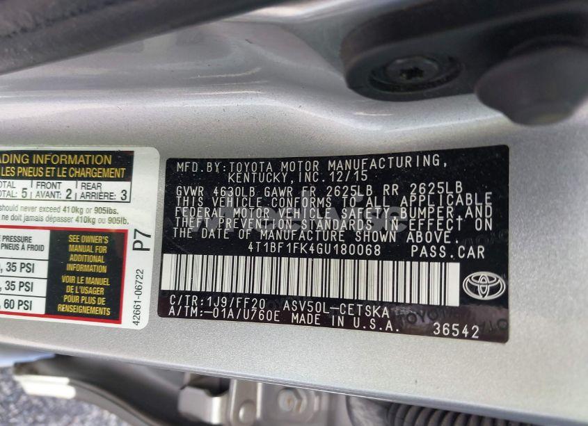 Photo 9 of 2016 Toyota Camry SE (VIN 4T1BF1FK4GU180068)