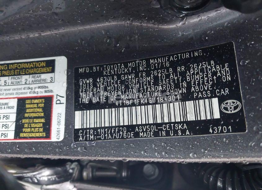 Photo 9 of 2016 Toyota Camry SE (VIN 4T1BF1FK4GU184301)