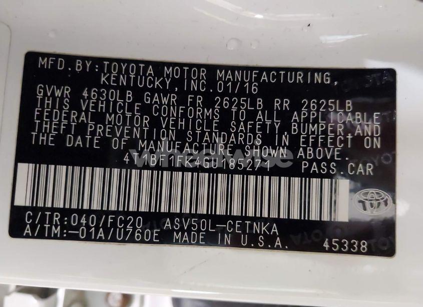 Photo 9 of 2016 Toyota Camry LE (VIN 4T1BF1FK4GU185271)