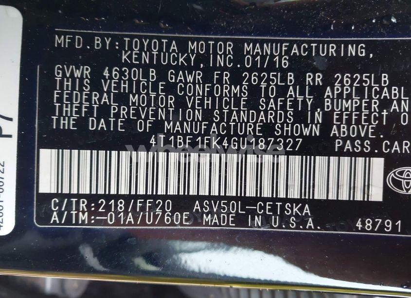 Photo 9 of 2016 Toyota Camry SE (VIN 4T1BF1FK4GU187327)