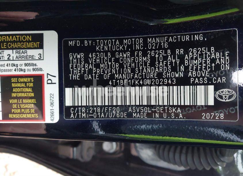 Photo 9 of 2016 Toyota Camry SE (VIN 4T1BF1FK4GU202943)