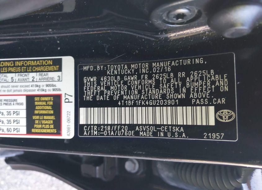 Photo 9 of 2016 Toyota Camry SE (VIN 4T1BF1FK4GU203901)