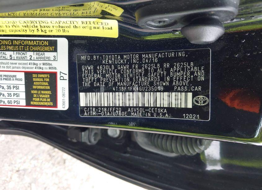 Photo 9 of 2016 Toyota Camry LE/SE/XLE/XSE (VIN 4T1BF1FK4GU235019)