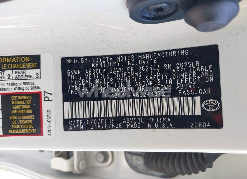 Photo 9 of 2016 Toyota Camry SE (VIN 4T1BF1FK4GU241872)