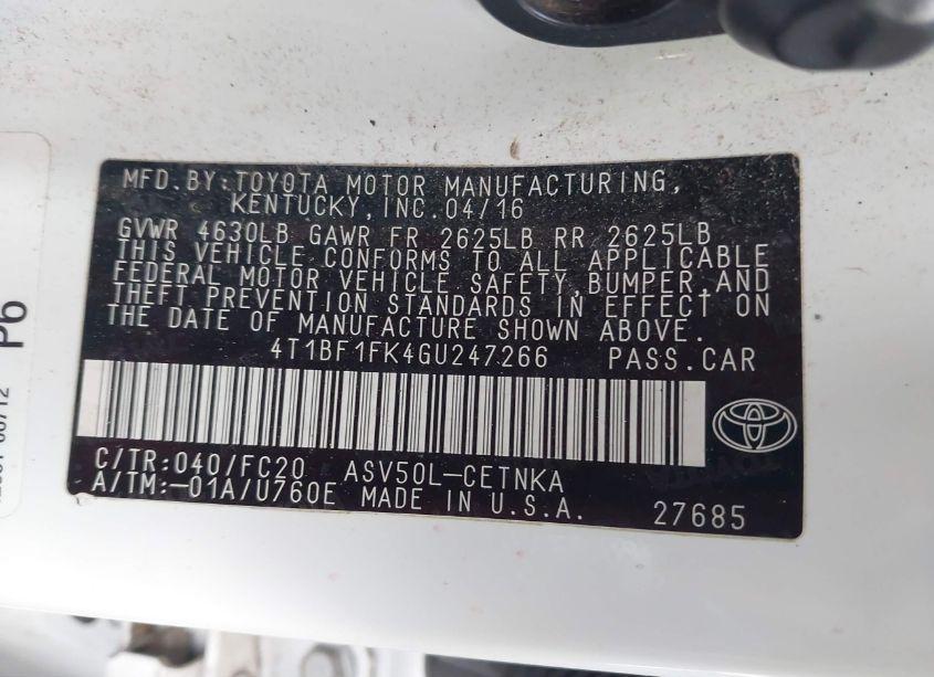 Photo 9 of 2016 Toyota Camry LE (VIN 4T1BF1FK4GU247266)