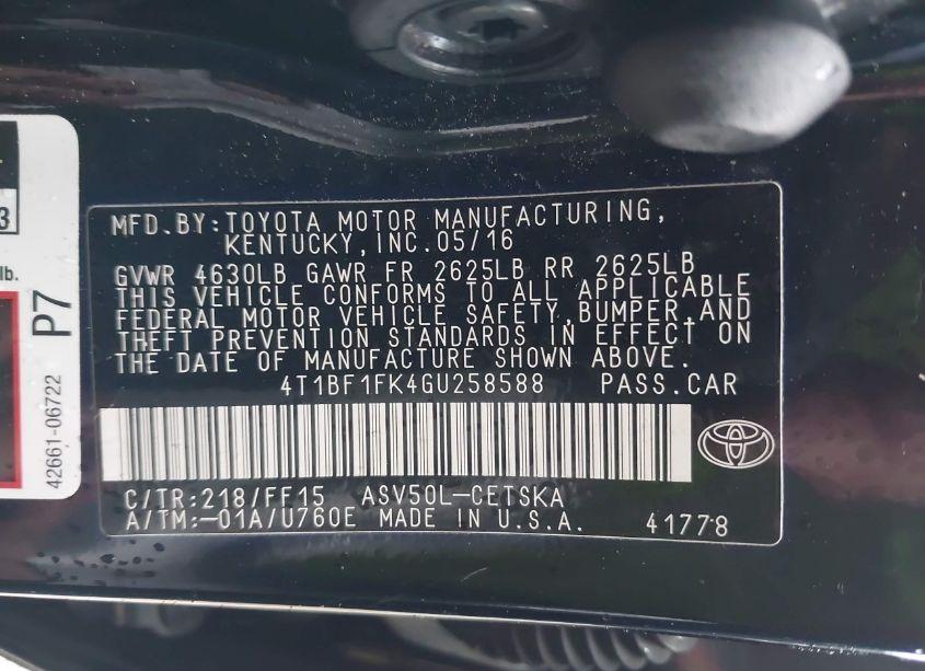 Photo 9 of 2016 Toyota Camry SE (VIN 4T1BF1FK4GU258588)