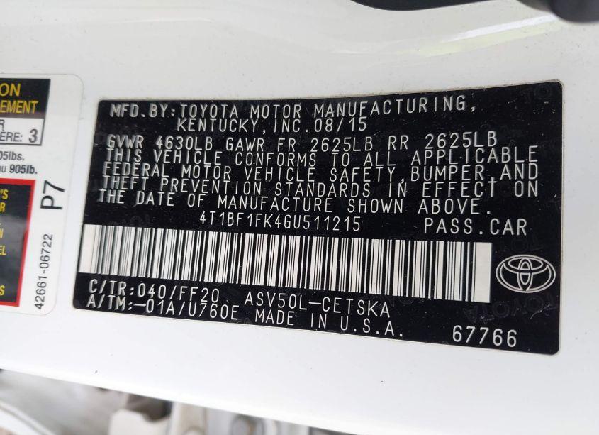 Photo 9 of 2016 Toyota Camry SE (VIN 4T1BF1FK4GU511215)