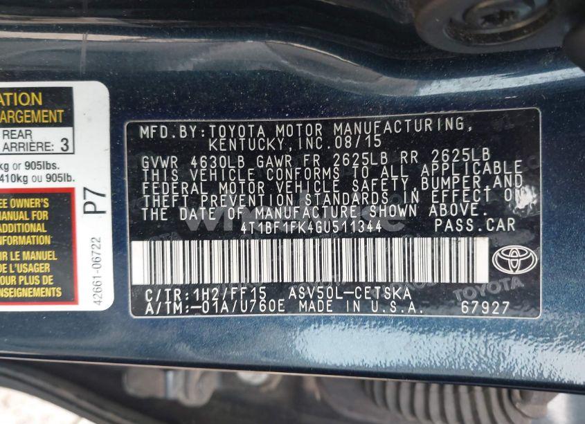 Photo 9 of 2016 Toyota Camry SE (VIN 4T1BF1FK4GU511344)