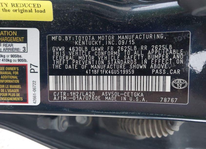 Photo 9 of 2016 Toyota Camry XLE (VIN 4T1BF1FK4GU519959)