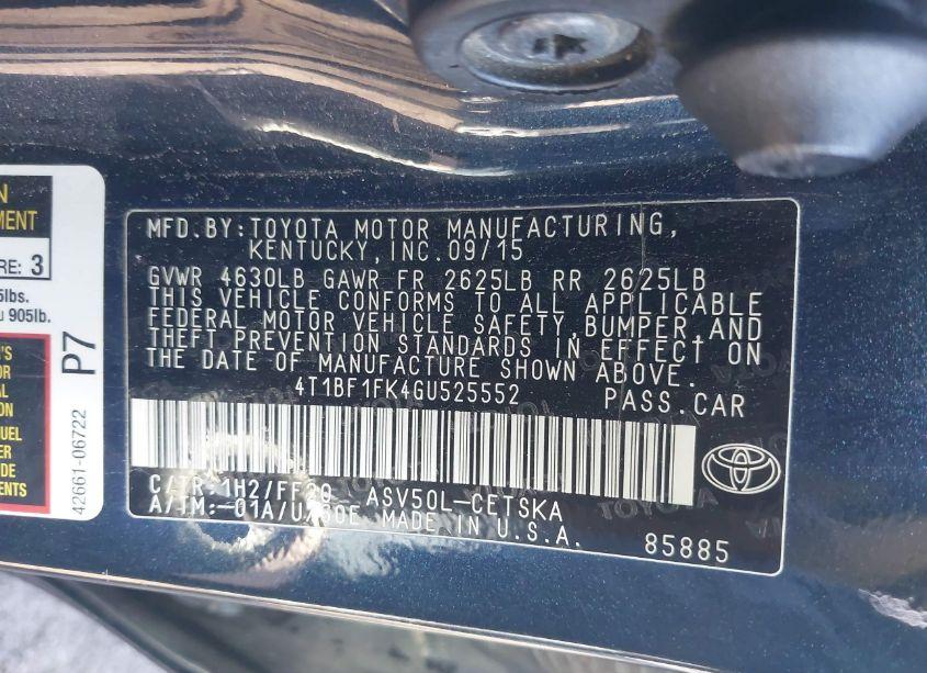 Photo 9 of 2016 Toyota Camry SE (VIN 4T1BF1FK4GU525552)