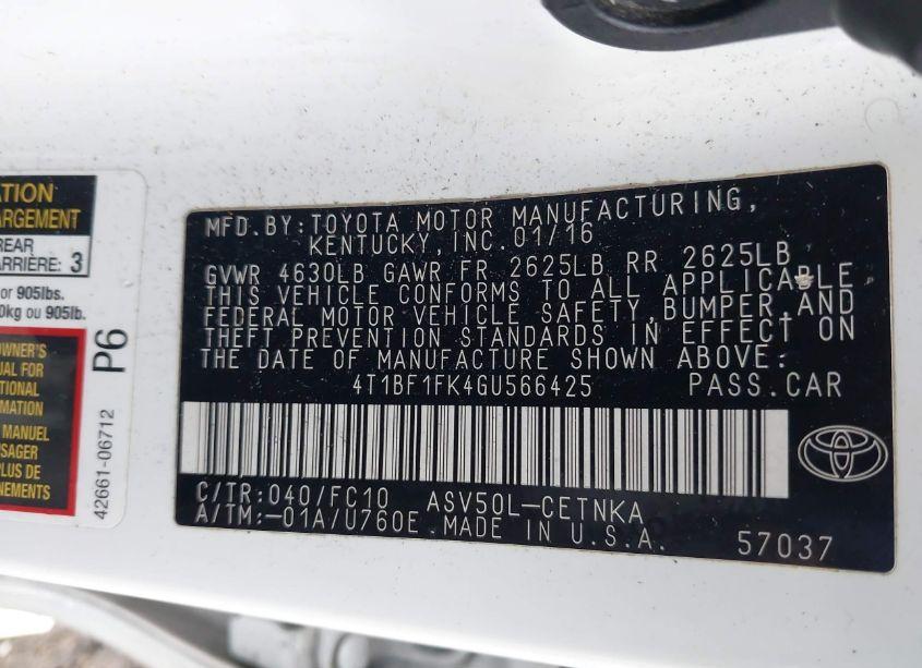 Photo 9 of 2016 Toyota Camry LE (VIN 4T1BF1FK4GU566425)