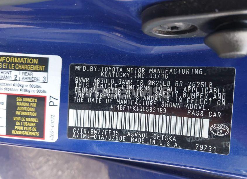 Photo 9 of 2016 Toyota Camry SE (VIN 4T1BF1FK4GU583189)