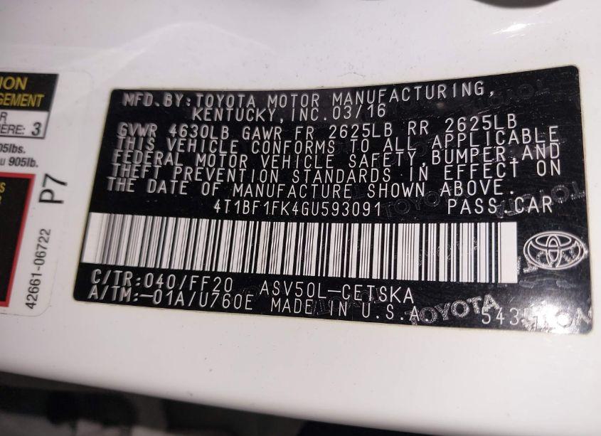 Photo 9 of 2016 Toyota Camry SE (VIN 4T1BF1FK4GU593091)