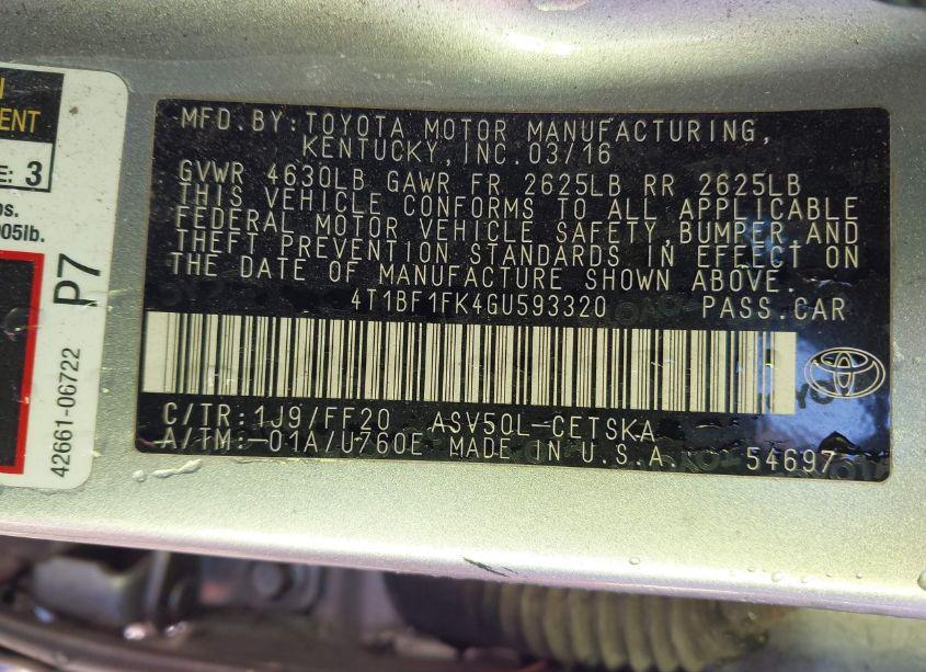 Photo 9 of 2016 Toyota Camry SE (VIN 4T1BF1FK4GU593320)