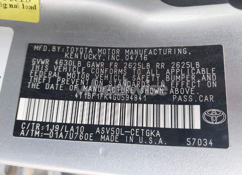 Photo 9 of 2016 Toyota Camry XLE (VIN 4T1BF1FK4GU594841)