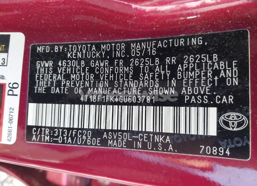 Photo 9 of 2016 Toyota Camry LE (VIN 4T1BF1FK4GU603781)