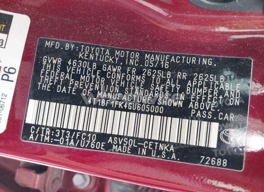 Photo 9 of 2016 Toyota Camry LE (VIN 4T1BF1FK4GU605000)