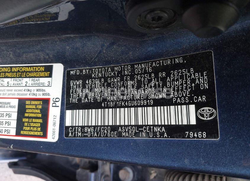 Photo 9 of 2016 Toyota Camry LE (VIN 4T1BF1FK4GU609919)