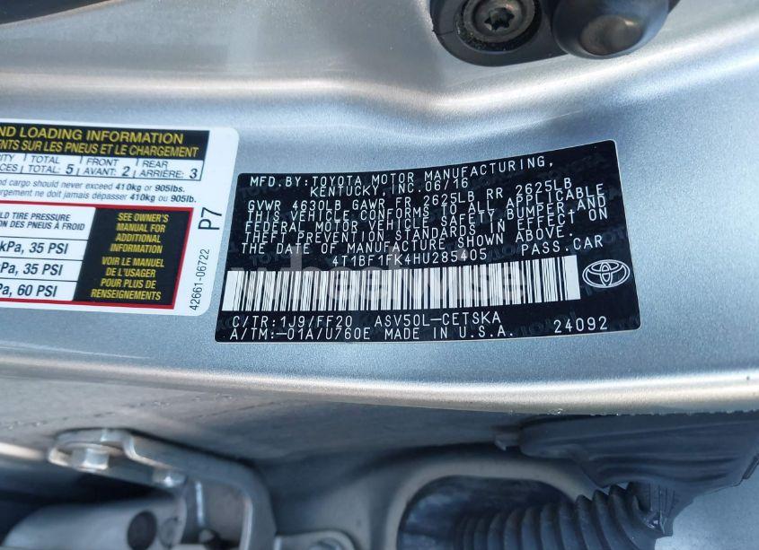 Photo 9 of 2017 Toyota Camry SE (VIN 4T1BF1FK4HU285405)