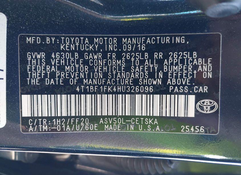 Photo 9 of 2017 Toyota Camry SE (VIN 4T1BF1FK4HU326096)