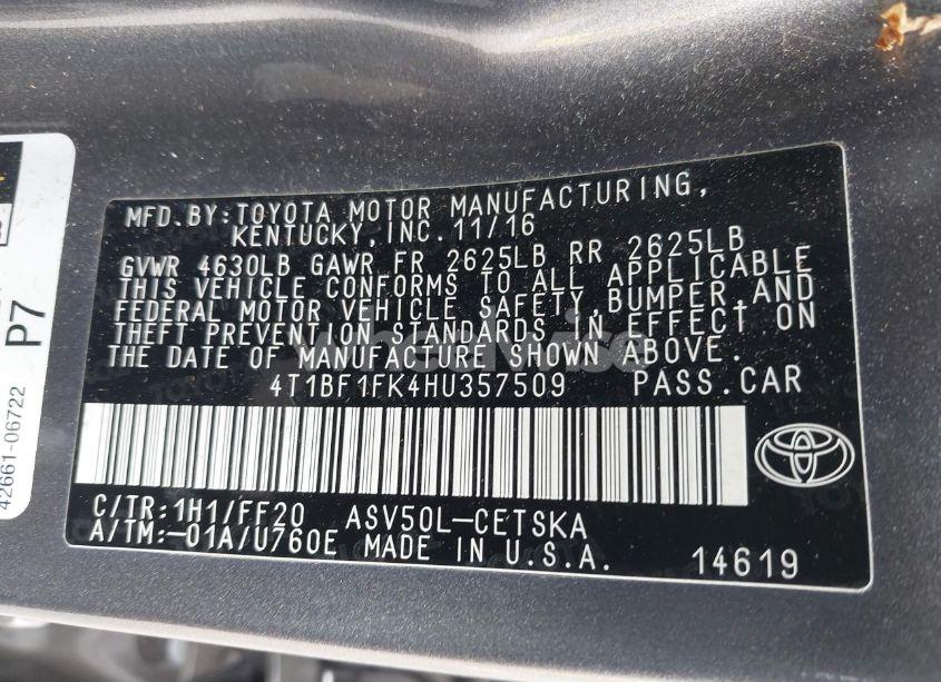 Photo 9 of 2017 Toyota Camry SE (VIN 4T1BF1FK4HU357509)