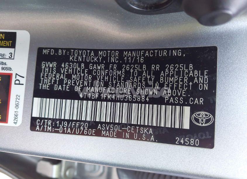 Photo 9 of 2017 Toyota Camry SE (VIN 4T1BF1FK4HU365884)
