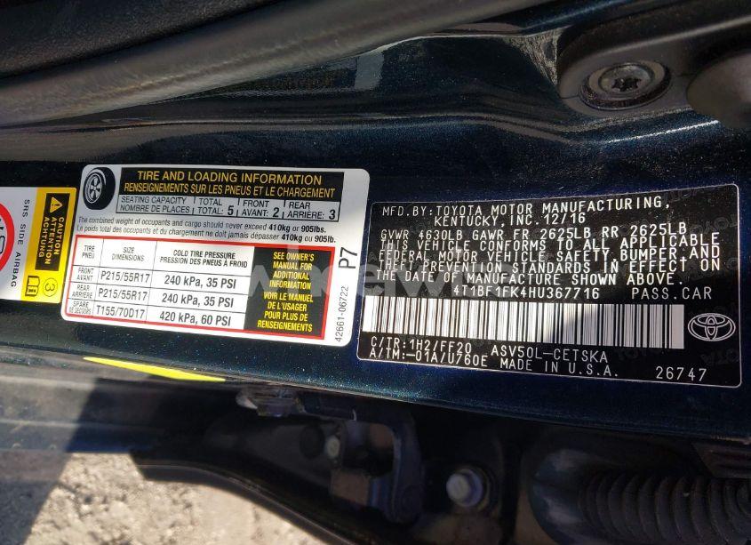 Photo 9 of 2017 Toyota Camry SE (VIN 4T1BF1FK4HU367716)