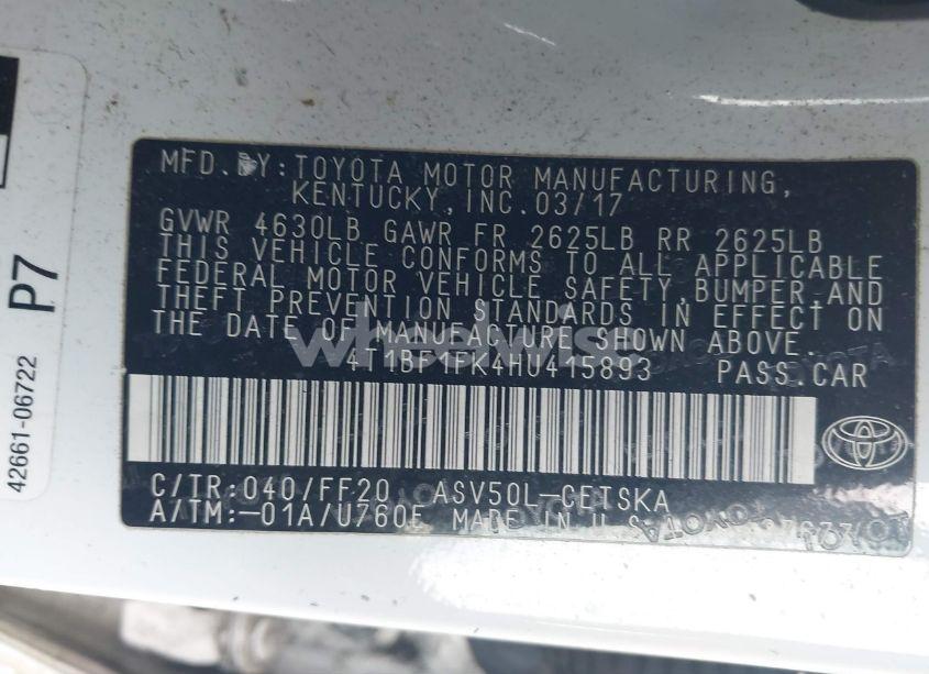 Photo 9 of 2017 Toyota Camry SE (VIN 4T1BF1FK4HU415893)