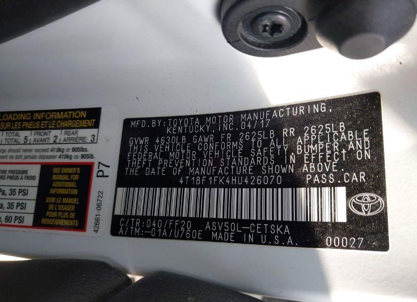 Photo 9 of 2017 Toyota Camry SE (VIN 4T1BF1FK4HU426070)