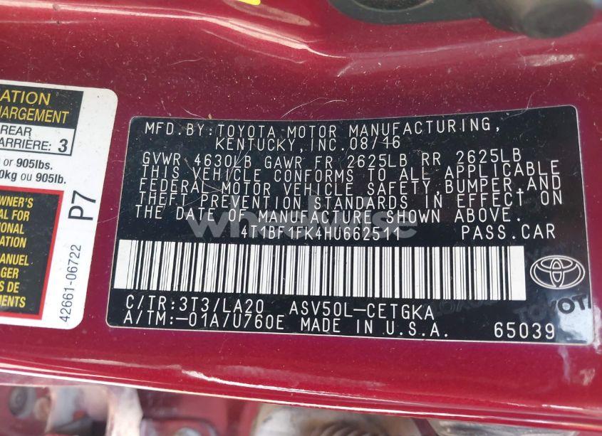 Photo 9 of 2017 Toyota Camry XLE (VIN 4T1BF1FK4HU662511)