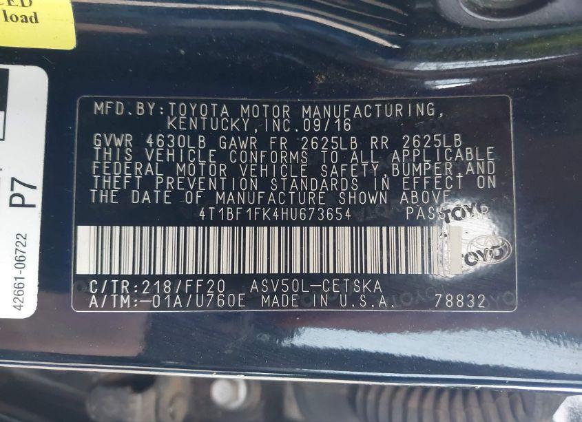 Photo 9 of 2017 Toyota Camry SE (VIN 4T1BF1FK4HU673654)