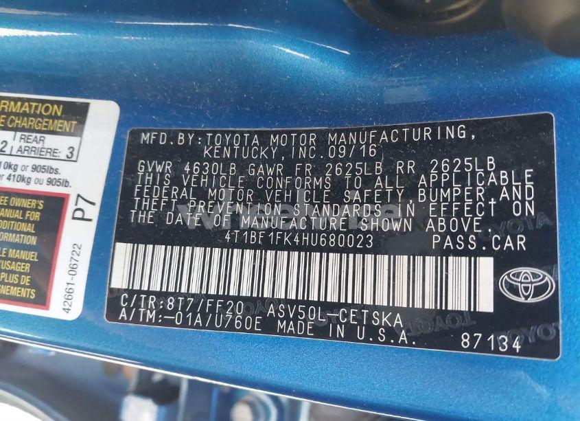 Photo 9 of 2017 Toyota Camry SE (VIN 4T1BF1FK4HU680023)