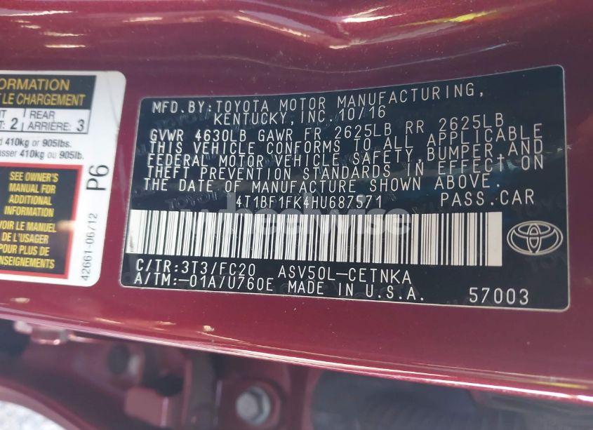 Photo 9 of 2017 Toyota Camry LE (VIN 4T1BF1FK4HU687571)