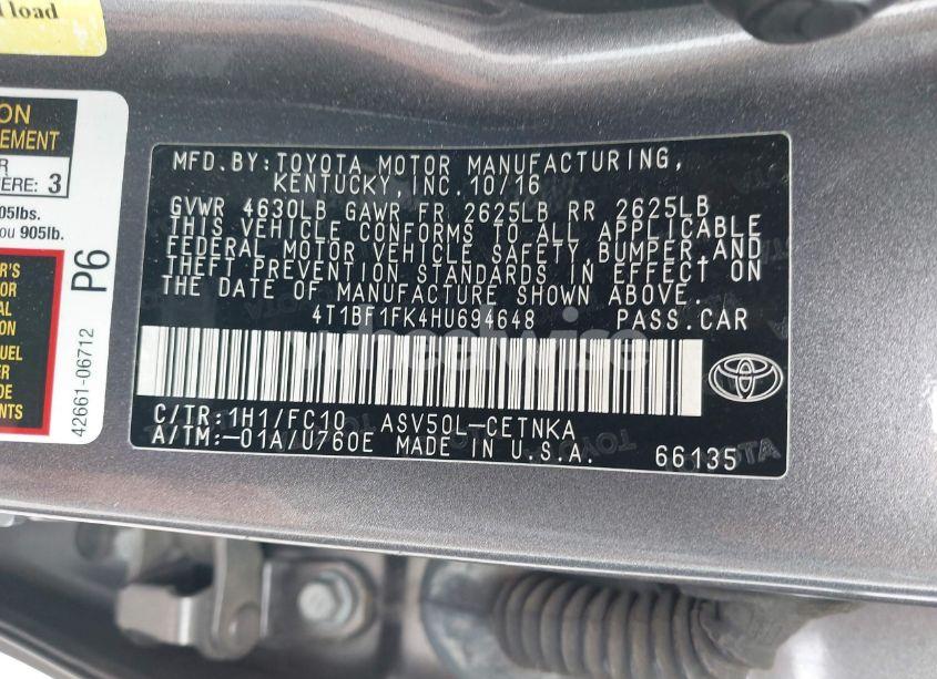 Photo 9 of 2017 Toyota Camry LE (VIN 4T1BF1FK4HU694648)