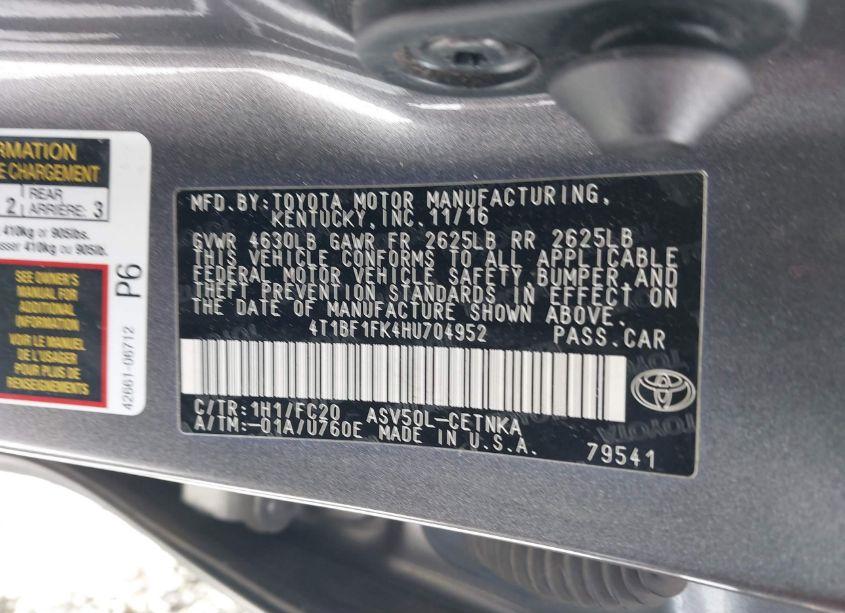 Photo 9 of 2017 Toyota Camry LE (VIN 4T1BF1FK4HU704952)