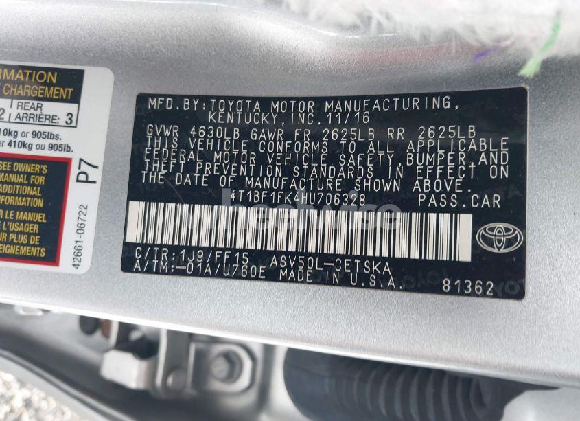 Photo 9 of 2017 Toyota Camry SE (VIN 4T1BF1FK4HU706328)