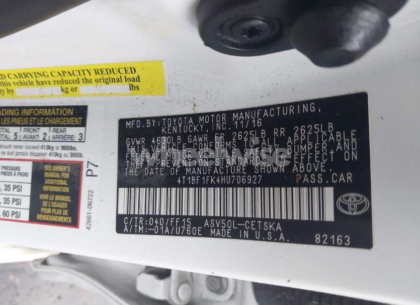 Photo 9 of 2017 Toyota Camry SE (VIN 4T1BF1FK4HU706927)