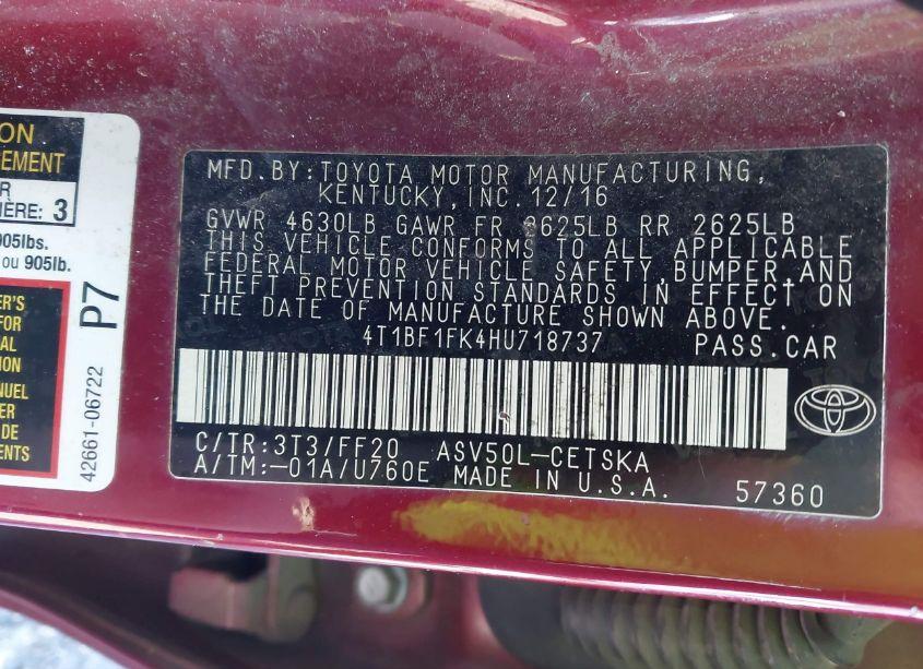 Photo 9 of 2017 Toyota Camry SE (VIN 4T1BF1FK4HU718737)