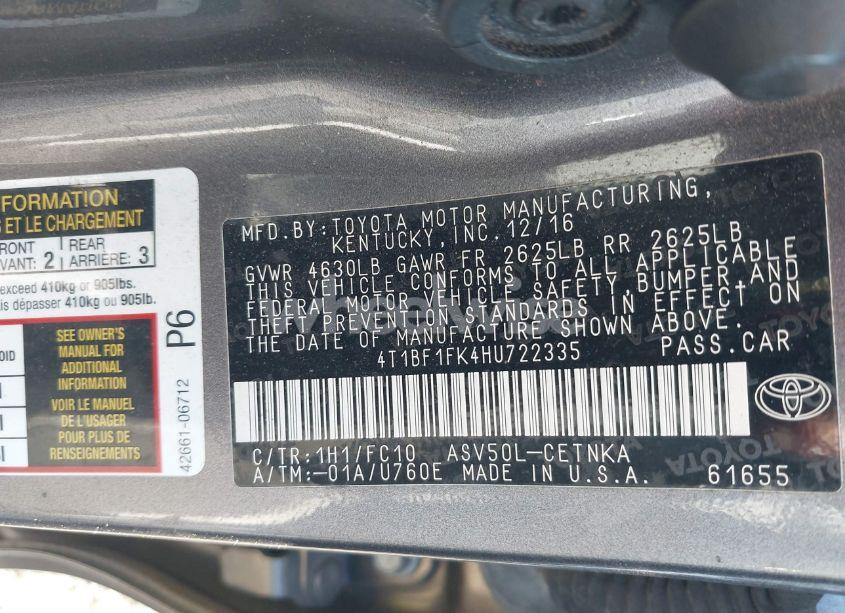 Photo 9 of 2017 Toyota Camry LE (VIN 4T1BF1FK4HU722335)