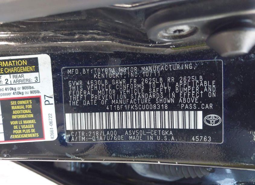 Photo 9 of 2012 Toyota Camry XLE (VIN 4T1BF1FK5CU008318)