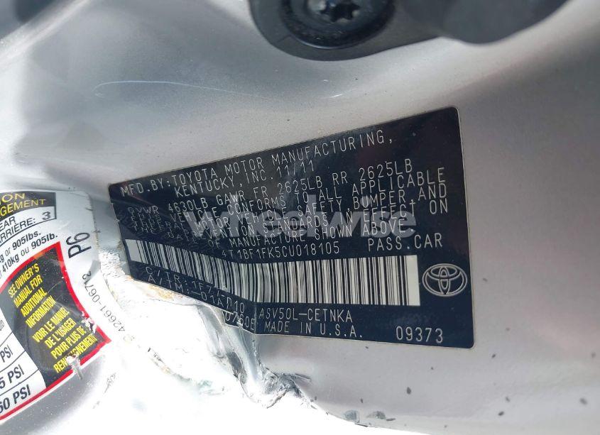 Photo 9 of 2012 Toyota Camry LE (VIN 4T1BF1FK5CU018105)