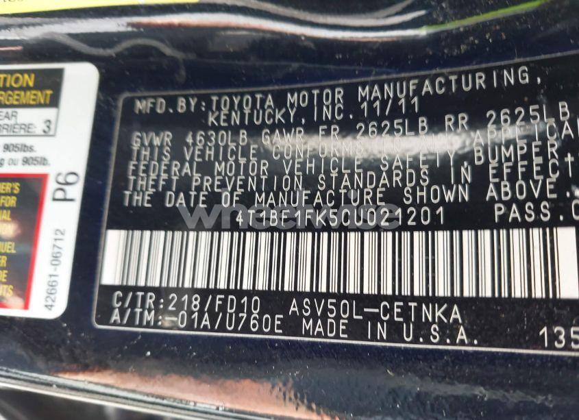 Photo 9 of 2012 Toyota Camry LE (VIN 4T1BF1FK5CU021201)