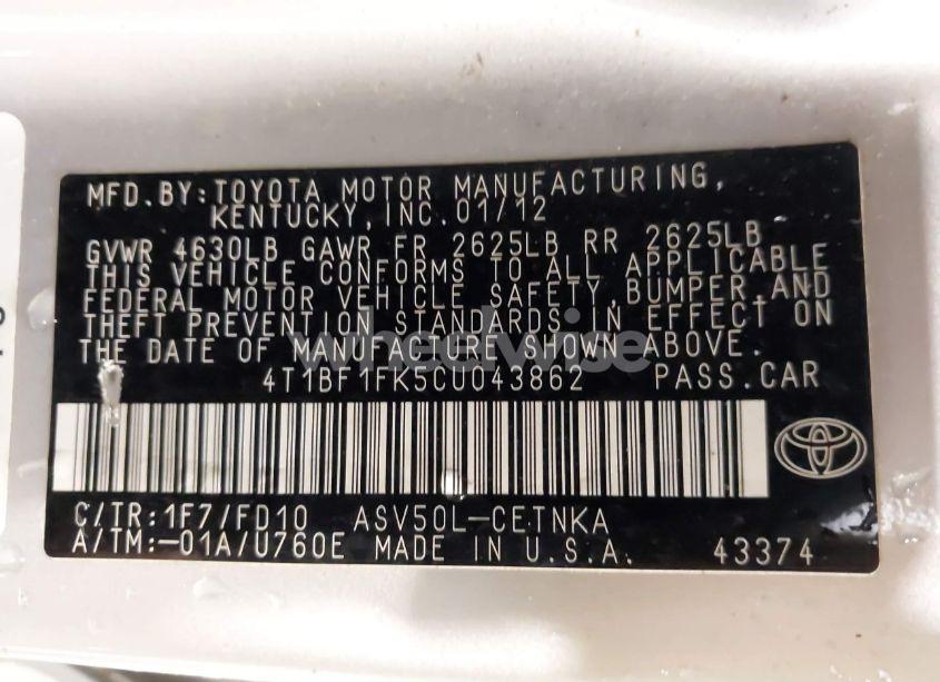 Photo 9 of 2012 Toyota Camry LE (VIN 4T1BF1FK5CU043862)