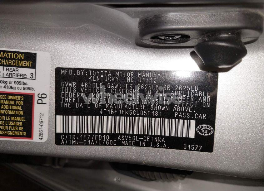 Photo 9 of 2012 Toyota Camry LE (VIN 4T1BF1FK5CU050181)