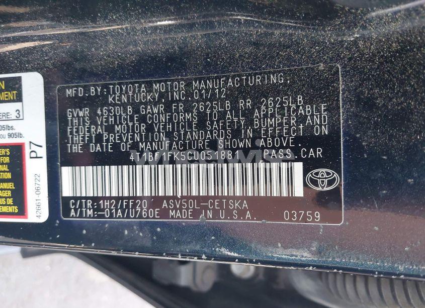 Photo 9 of 2012 Toyota Camry SE (VIN 4T1BF1FK5CU051881)