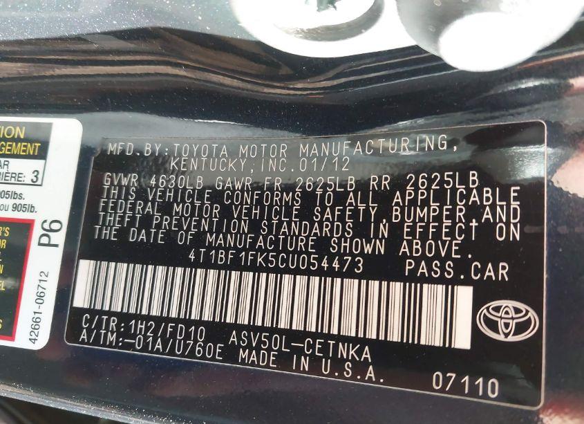 Photo 9 of 2012 Toyota Camry LE (VIN 4T1BF1FK5CU054473)