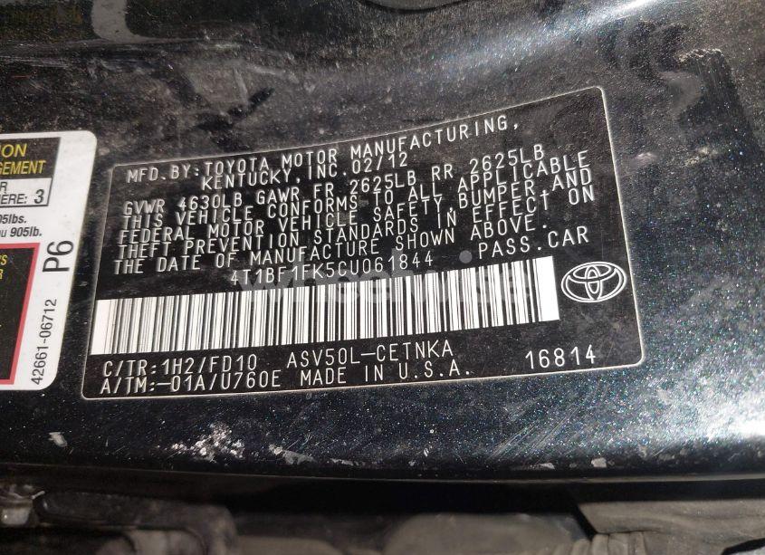 Photo 9 of 2012 Toyota Camry LE (VIN 4T1BF1FK5CU061844)