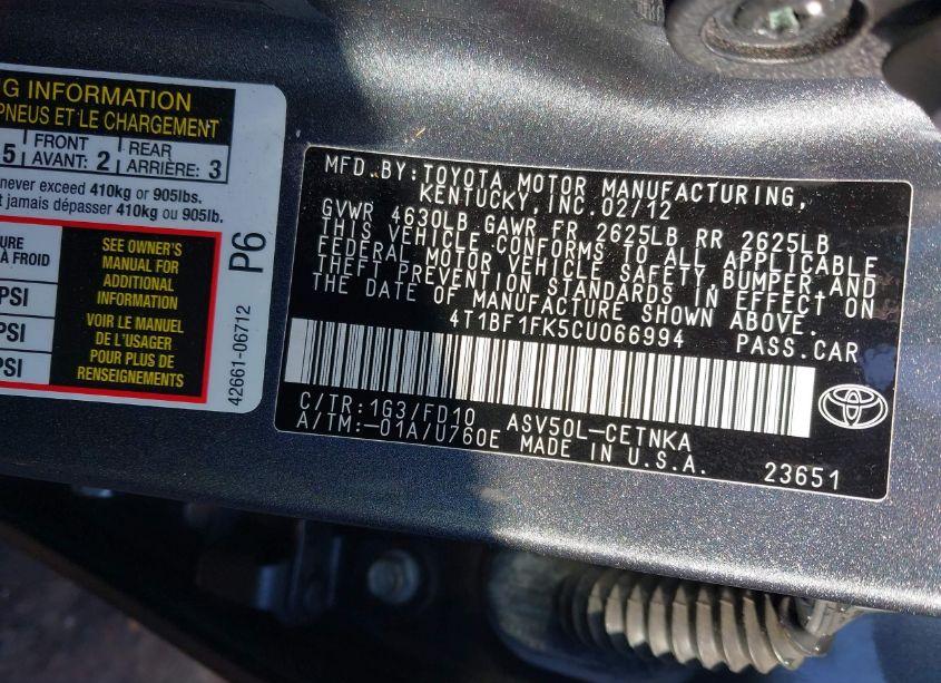 Photo 9 of 2012 Toyota Camry LE (VIN 4T1BF1FK5CU066994)