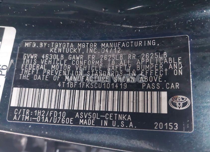 Photo 9 of 2012 Toyota Camry LE (VIN 4T1BF1FK5CU101419)