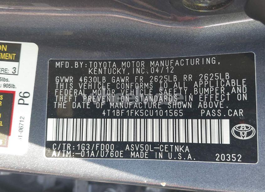 Photo 9 of 2012 Toyota Camry LE (VIN 4T1BF1FK5CU101565)